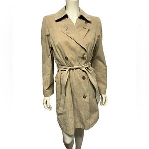 Gallery Faux Suede Tan Trench Coat with Belt Tie Long Coat Spring Fall Jacket